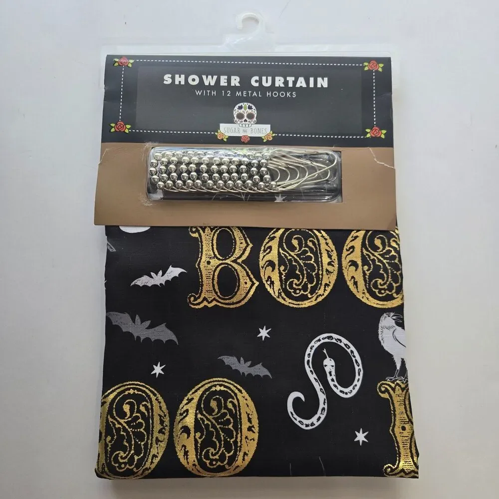Halloween Shower Curtain Boo Metallic Foil Bat Skull Raven Web Snake Gothic Bath